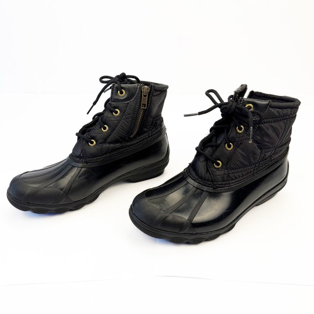 Sperry Black Waterproof Rubber Nylon Quilted Lace Up Gulf Duck Fleece Boots 7M